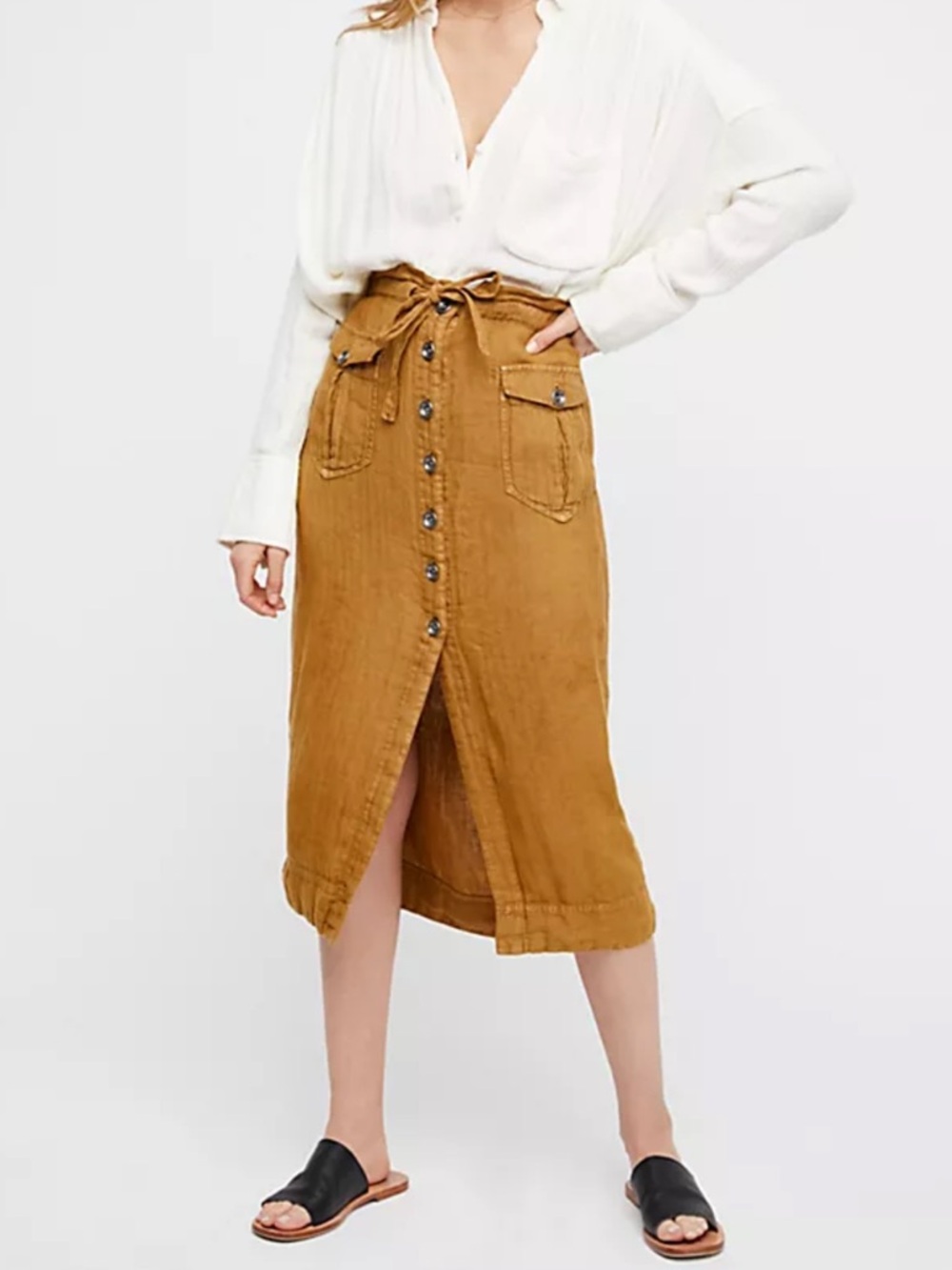 Free People Button-Front Midi Skirt in Mustard Brown
